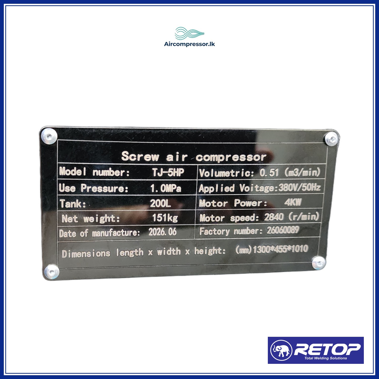 RETOP SCREW TYPE COMPRESSOR TJ-5HP-200L 10BAR THREE PHASE image 4